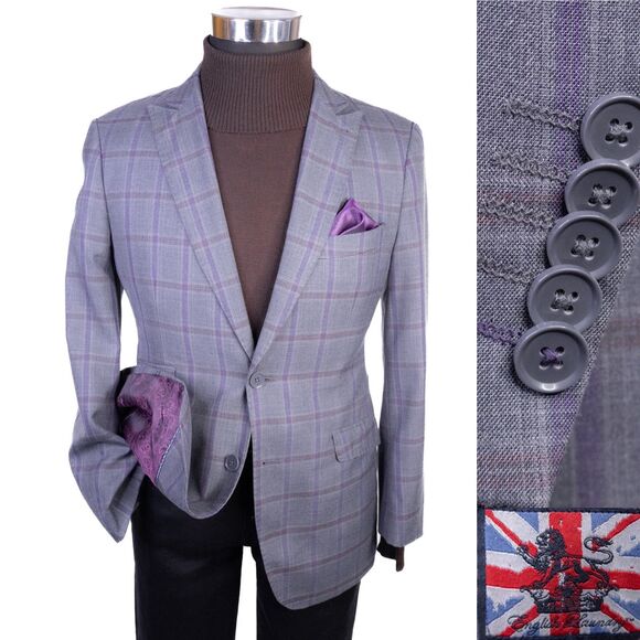 ENGLISH LAUNDRY Sport Coat Suit Jacket Blazer Sz 38S Windowpane Gray/Purple EUC - Picture 1 of 14